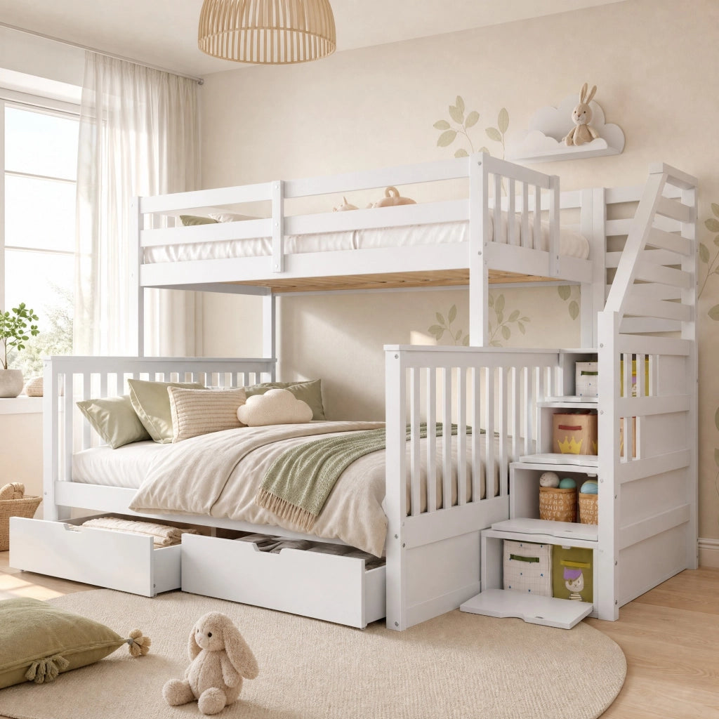Letto a castello 90x200 e 140x200 cm in pino bianco con cassetti