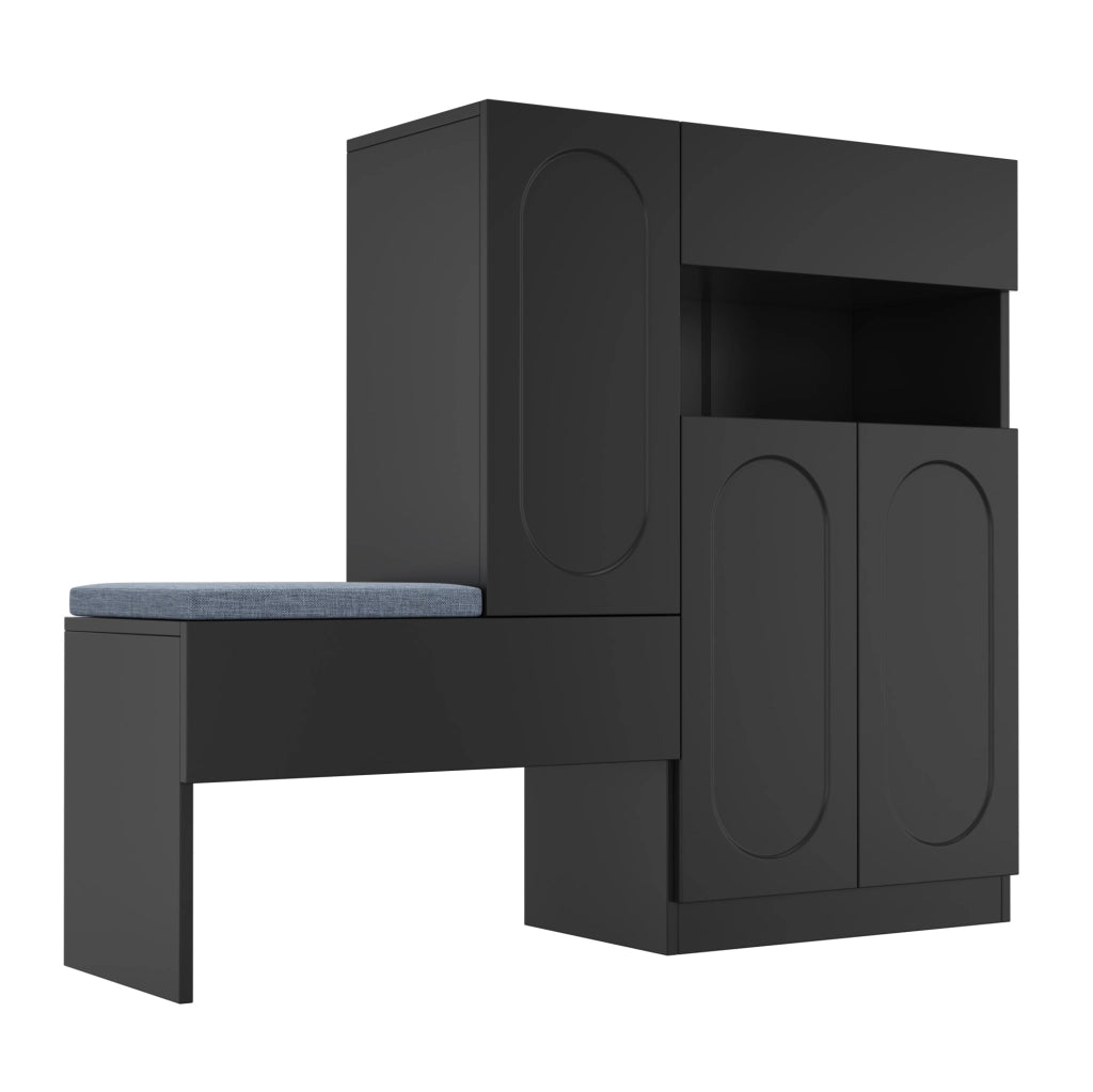 Scarpiera con panca 130x35x110 cm; ante con chiusura ammortizzata; pannello truciolare nero