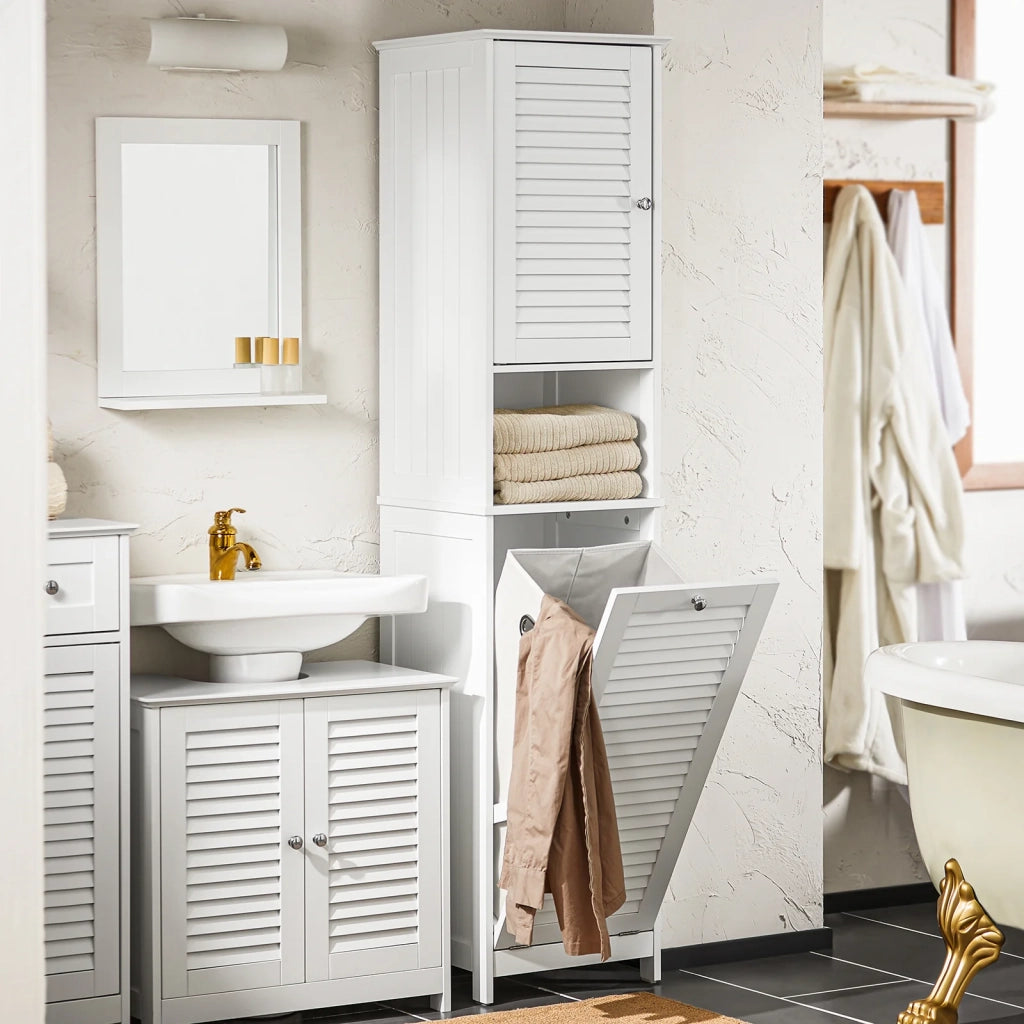 Mobile A Colonna Bagno Salvaspazio Mobile Alto Con Borsa Portabiancheria Pieghevole Bianco L40xP38xA170 Cm BZR124-W
