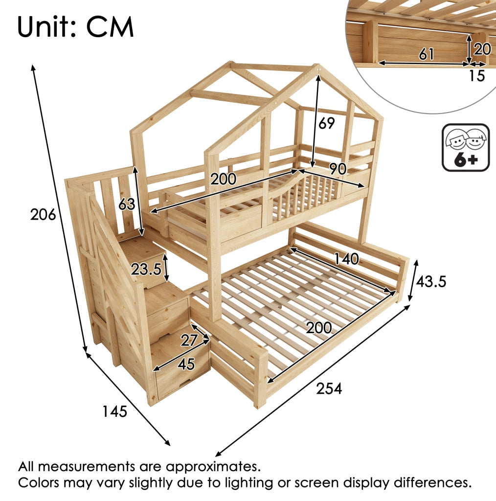 Letto a castello in legno 90x200/140x200 con scala contenitore e ripiani