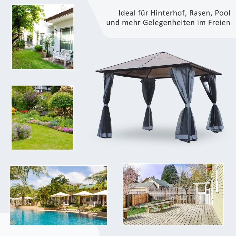 Gazebo 3 × 3 m con tetto in policarbonato 6 mm; struttura in metallo grigio; tende e zanzariere; 300 × 300 × 265 cm