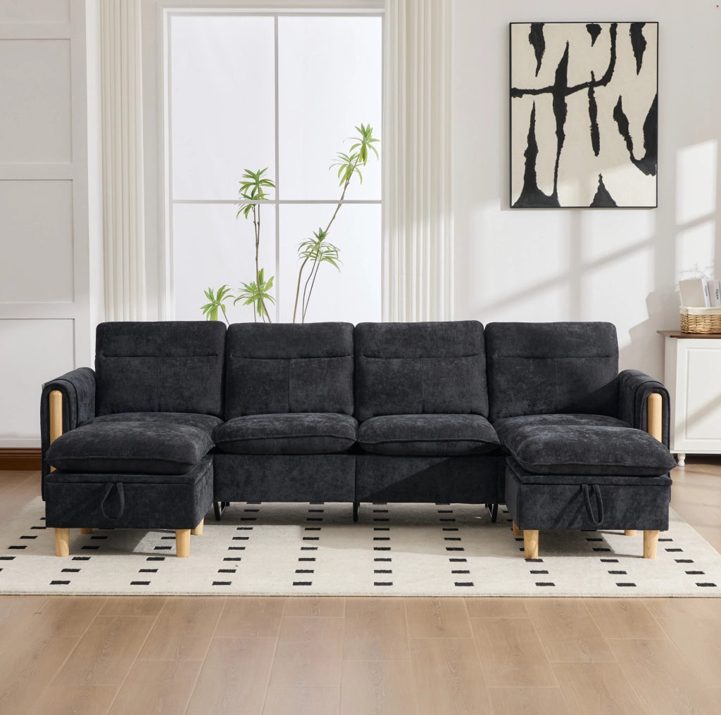 Divano 4 posti 261x77x86 cm in ciniglia nera con 2 pouf contenitore