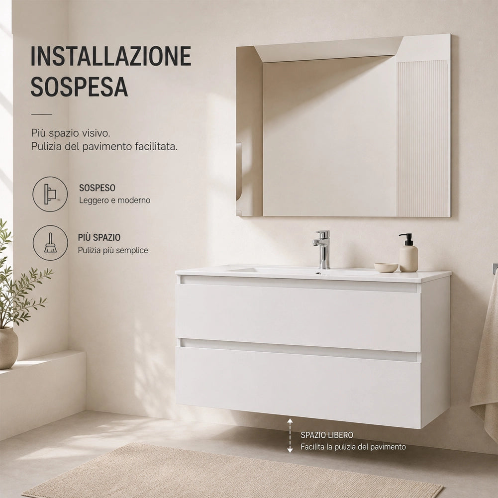 Mobile da Bagno Sospeso con Specchio e 2 Cassetti Otranto Larghezza 90cm Bianco