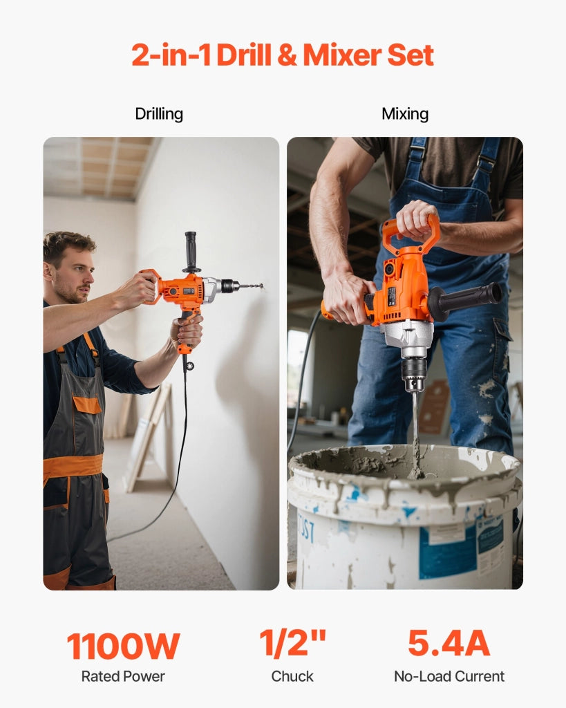 Trapano Miscelatore Elettrico 1100W 850 giri/min Mandrino 12,7 mm Impugnatura a D per Miscelazione Cemento e Foratura Fai da Te