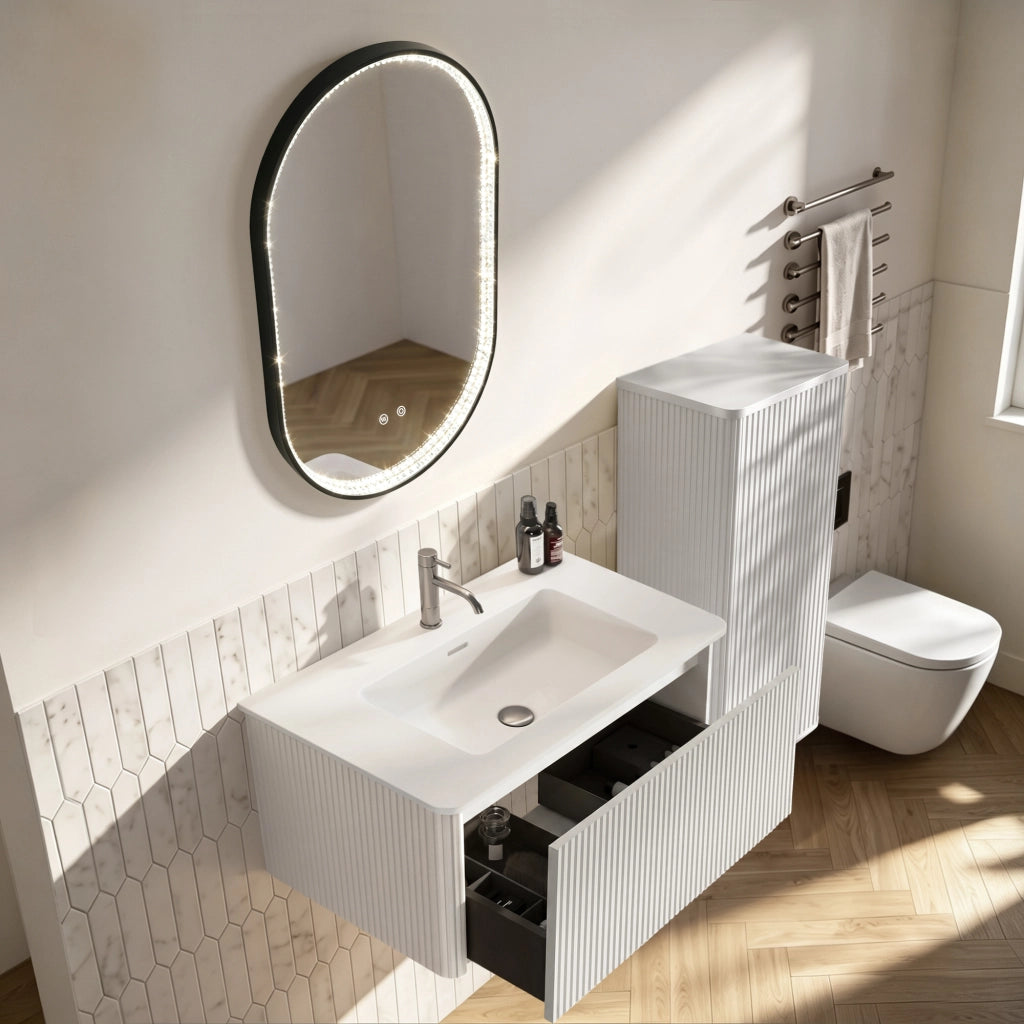 Set Mobile Bagno con Lavabo, Armadio Laterale e Specchio LED 80cm. Mobile Sospeso Bianco, Specchio Ovale con Cornice Nera