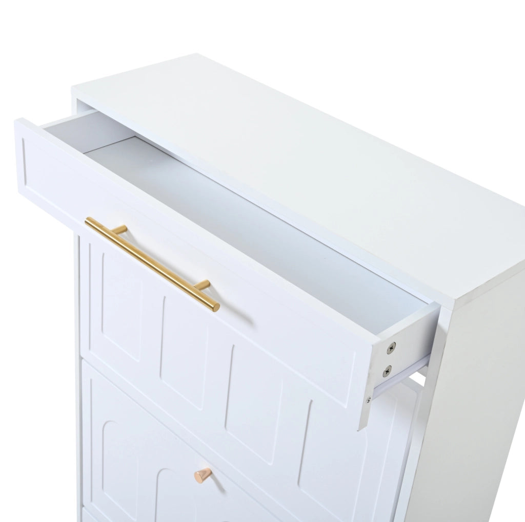Mobile scarpiere bianco moderno in MDF con 12 ripiani e 2 cassetti, 140x25x123,5 cm