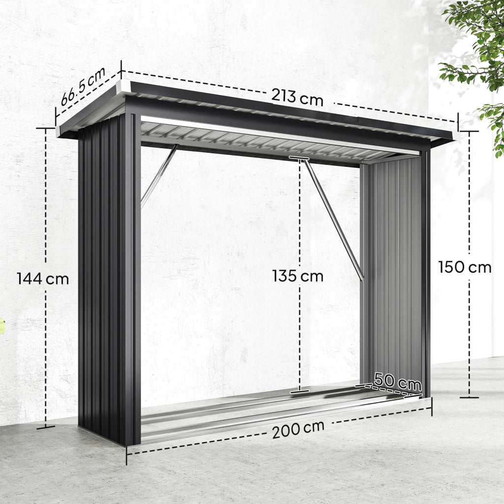 Capanno Portalegna Legnaia da Esterno 213x66.5x150 cm Base Rialzata e Tetto Inclinato in Acciaio Grigio Scuro
