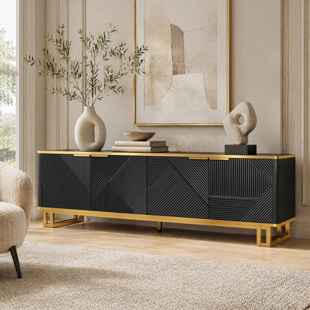 Mobile TV con ante geometriche 160x37;5x48 cm in MDF nero e oro