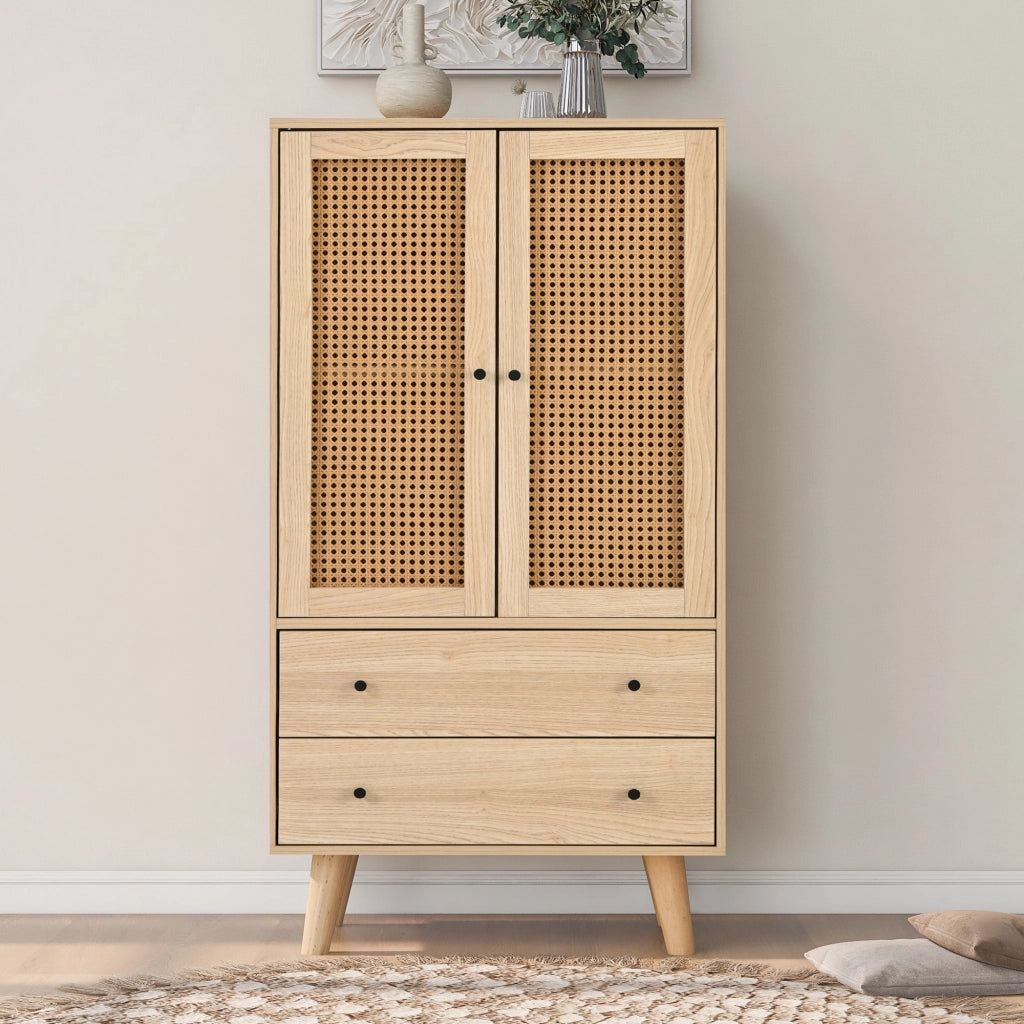 Madia con 2 ante e 2 cassetti in pannello truciolare effetto rovere con inserti in rattan PE 60 × 40 × 120 cm