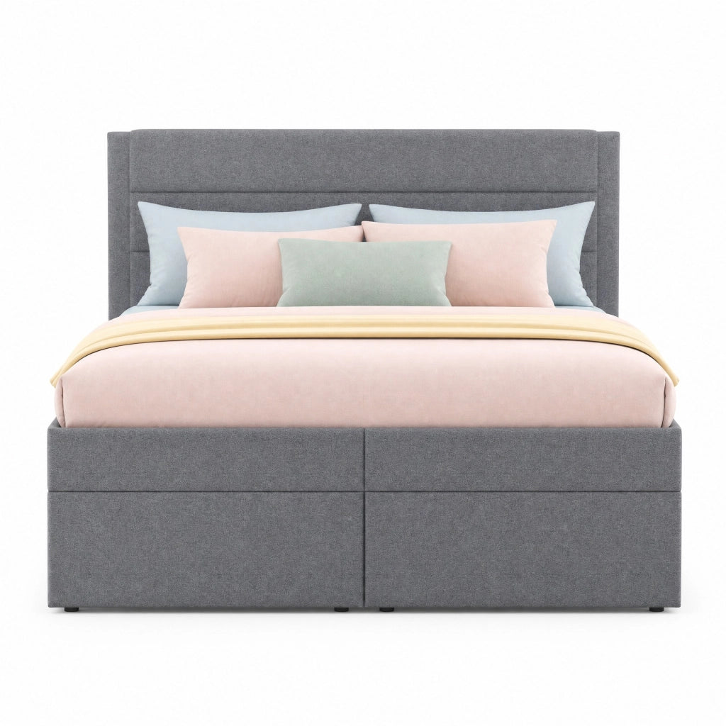 Letto matrimoniale imbottito 140x200 cm con contenitore e rete sollevabile; grigio