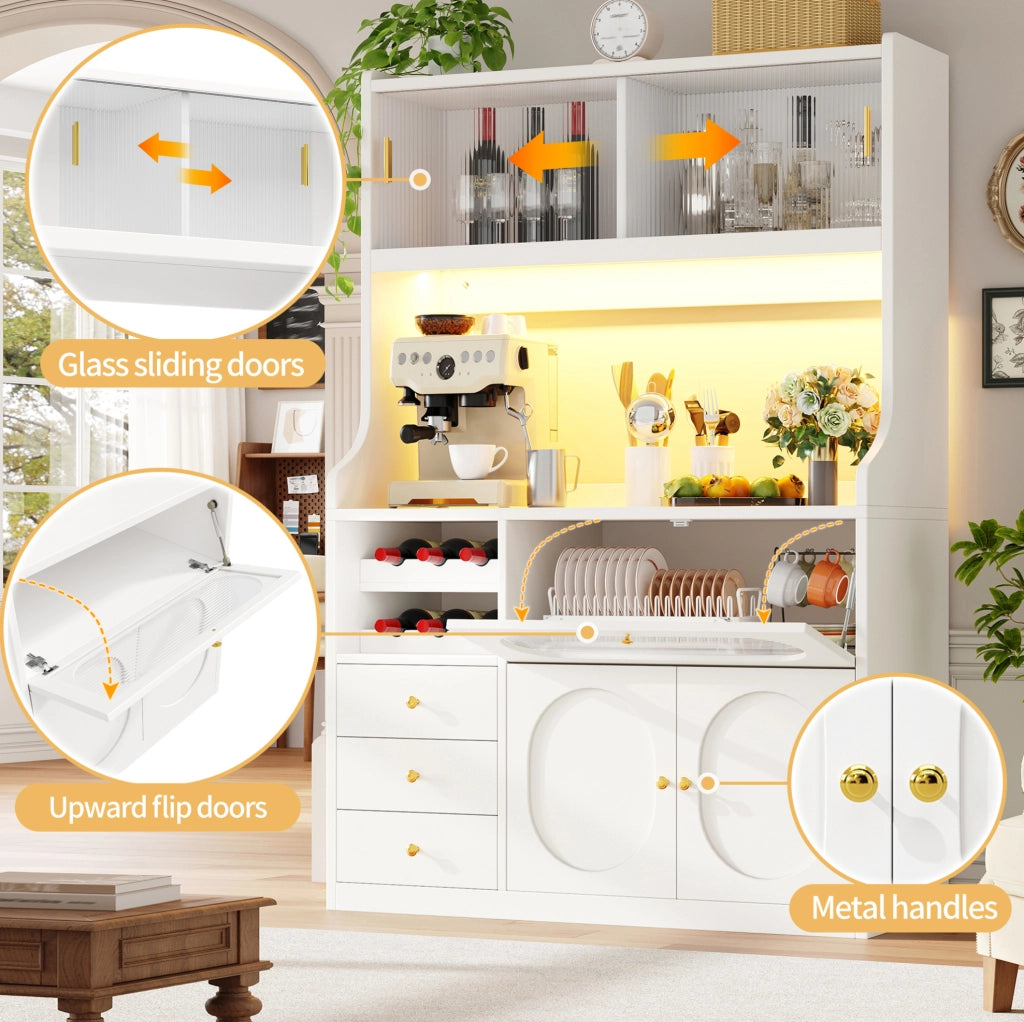 Mobile controllato armadio alto cucina 120 cm con LED RGB, porte scorrevoli in vetro, portabottiglie e ante a ribalta, 3 cassetti, bianco/nero