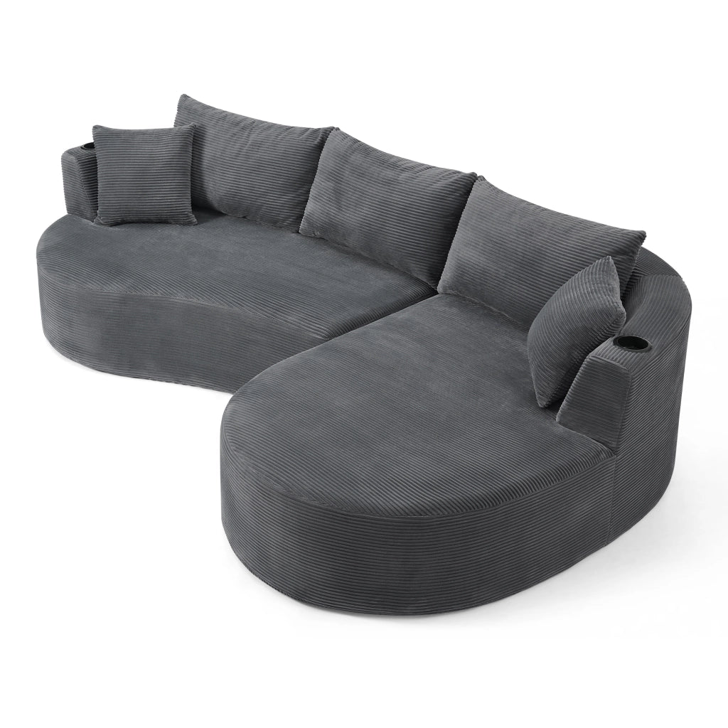 Divano 3 Posti con Chaise Longue Angolare ¨C MINIMAL ¨C Tessuto a Coste Grigio con Cuscini