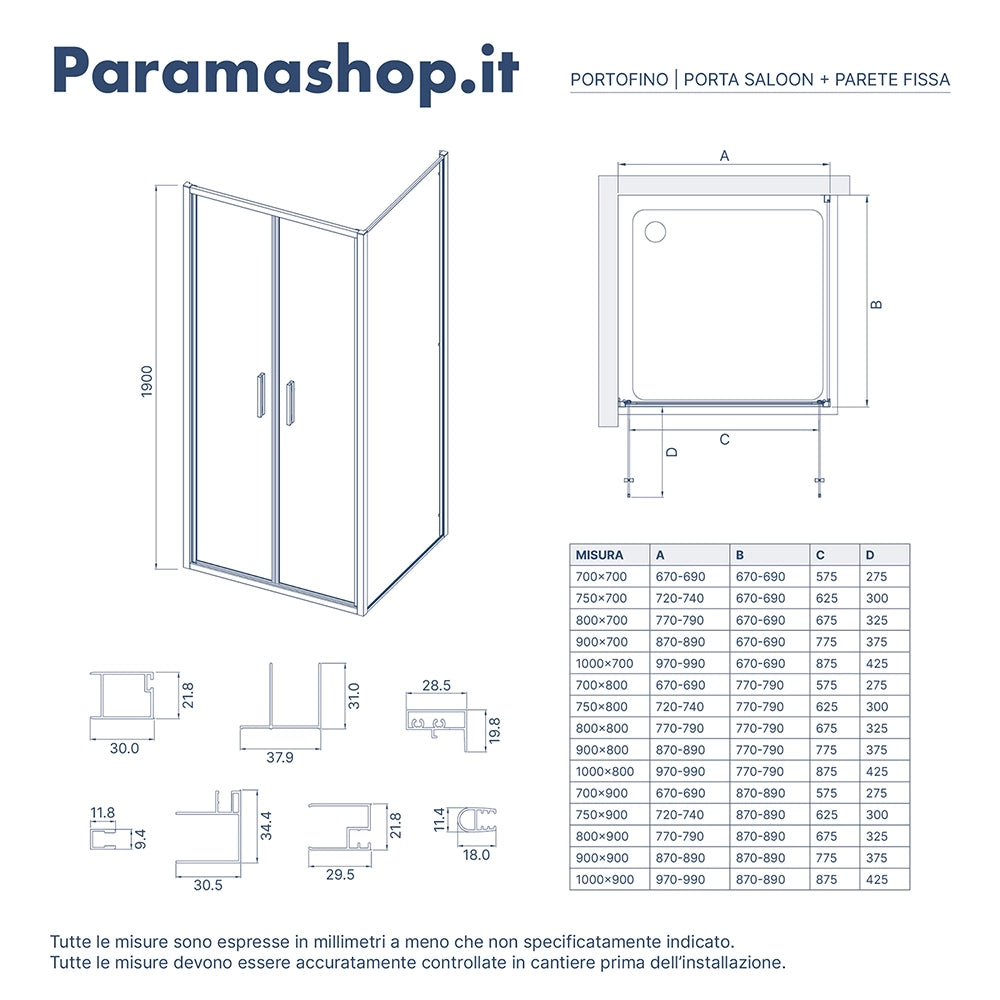 Box doccia slim 80x70cm con porta saloon e parete fissa profili cromati e vetro 6mm anticalcare opaco h190| Portofino
