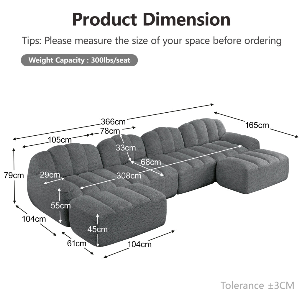 Divano Modulare U 4 Posti con 2 Ottoman ¨C MINIMAL ¨C Tessuto Grigio Morbido