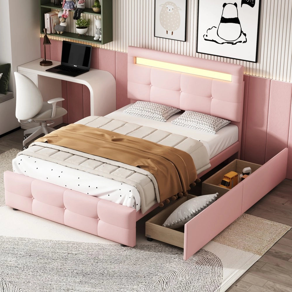Letto Singolo Imbottito con LED e Cassetti ¨C MINIMAL ¨C Rosa, 90x200