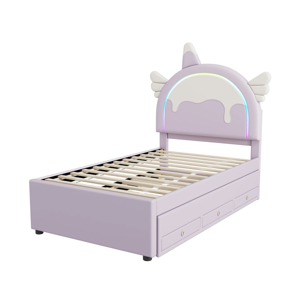 Letto per bambini 90x200 cm con letto estraibile e cassetti; PU e MDF; viola