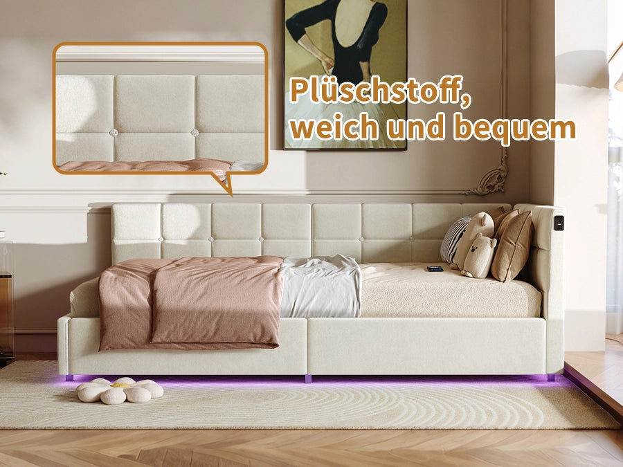 Divano letto singolo 90x200 con luce LED;Letto singolo Angolare con contenitore idraulico;letto imbottito con testiera;letto con rete a doghe;Velluto