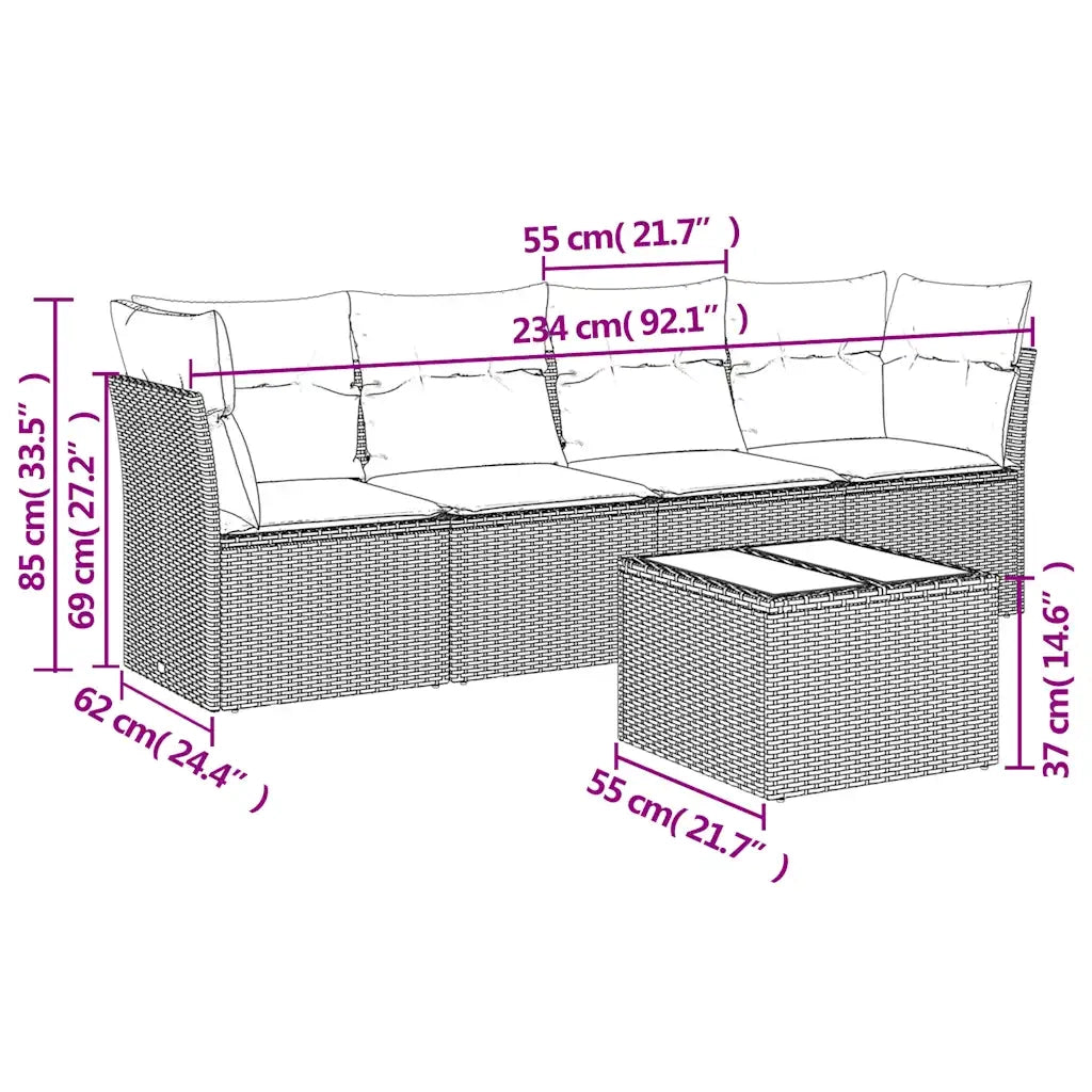 Set Divano da Giardino 5pz | Set Salotto da Giardino con Cuscini Grigio Chiaro Polyrattan
