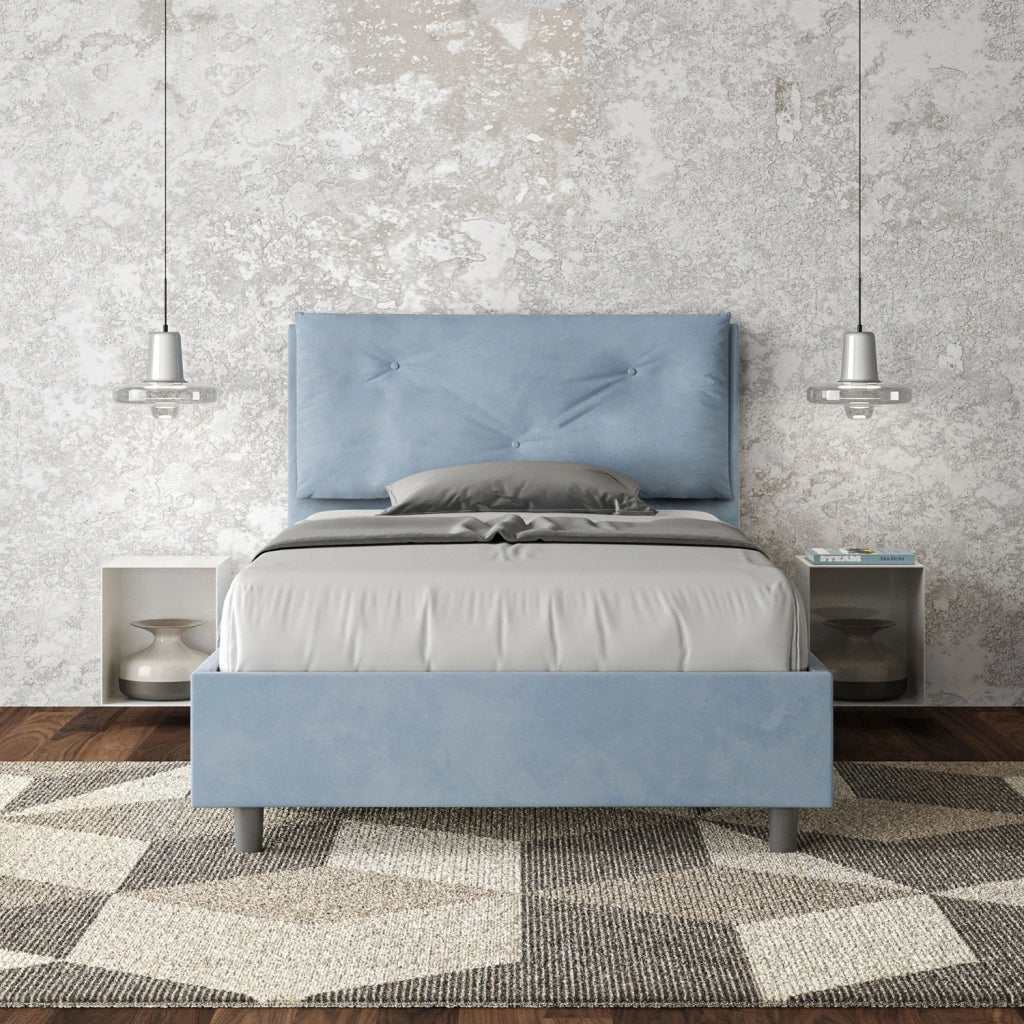 BS COM Letto una piazza e mezza senza rete imbottito 130x190 microfibra azzurro Large