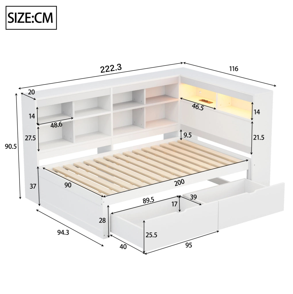 Letto multifunzione in legno 90x200 cm con contenitori, cassetti, USB e LED