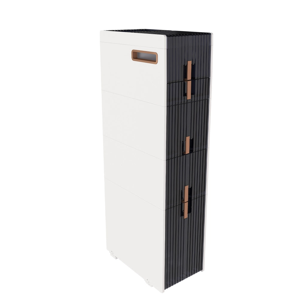 Mobile contenitore stretto in PP bianco con 4 cassetti; 2 coperchi e ruote
