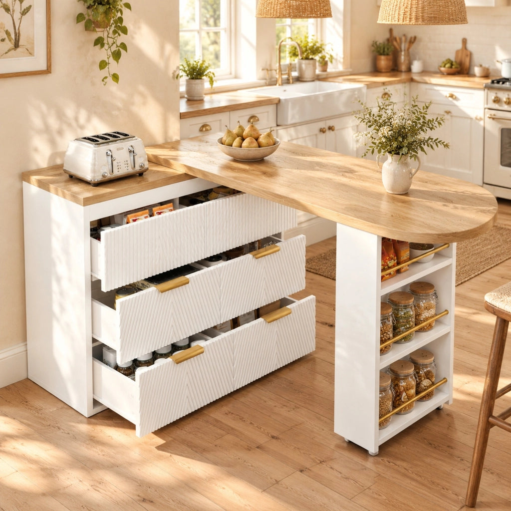 Tavolo bar ULEVR girevole 128-203x39x90 cm con 6 cassetti e ripiano laterale, bianco