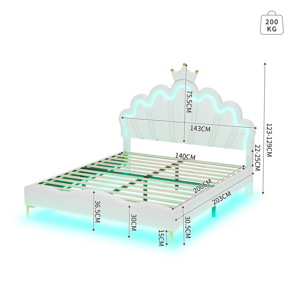Crown Shape Princess Double Bed 140x200cm con strisce LED in PU bianca