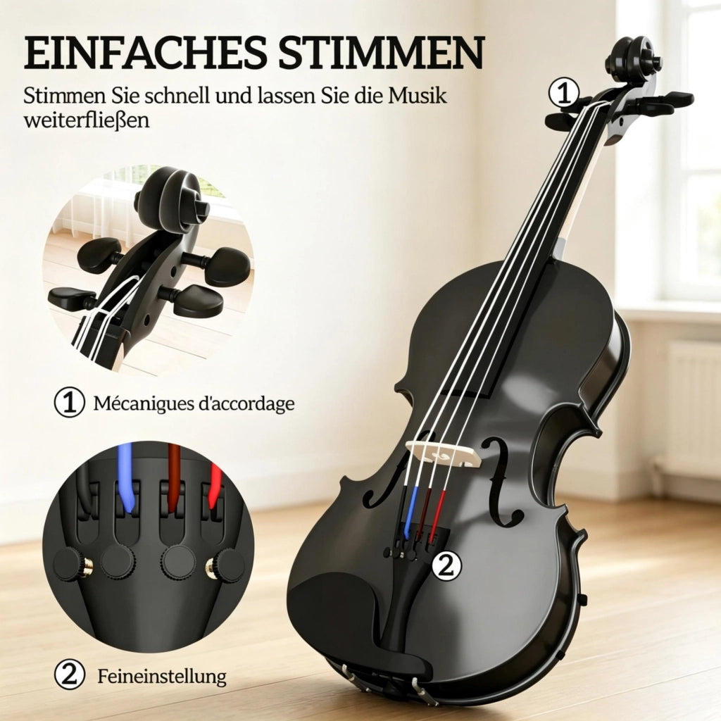 VIOLINO 4/4 Nero in Compensato con Custodia e Accessori