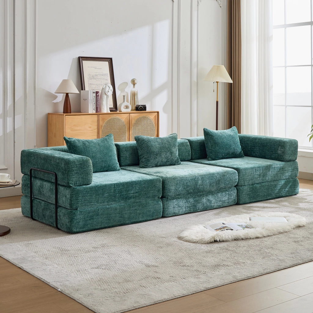 Divano letto modulare pieghevole in ciniglia verde scuro trasformabile in materasso senza montaggio per soggiorno