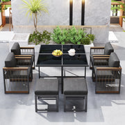 Set pranzo esterno 7 pezzi per 6 persone, tavolo in vetro temperato con braccioli in plastica e legno, ideale per giardino e terrazza