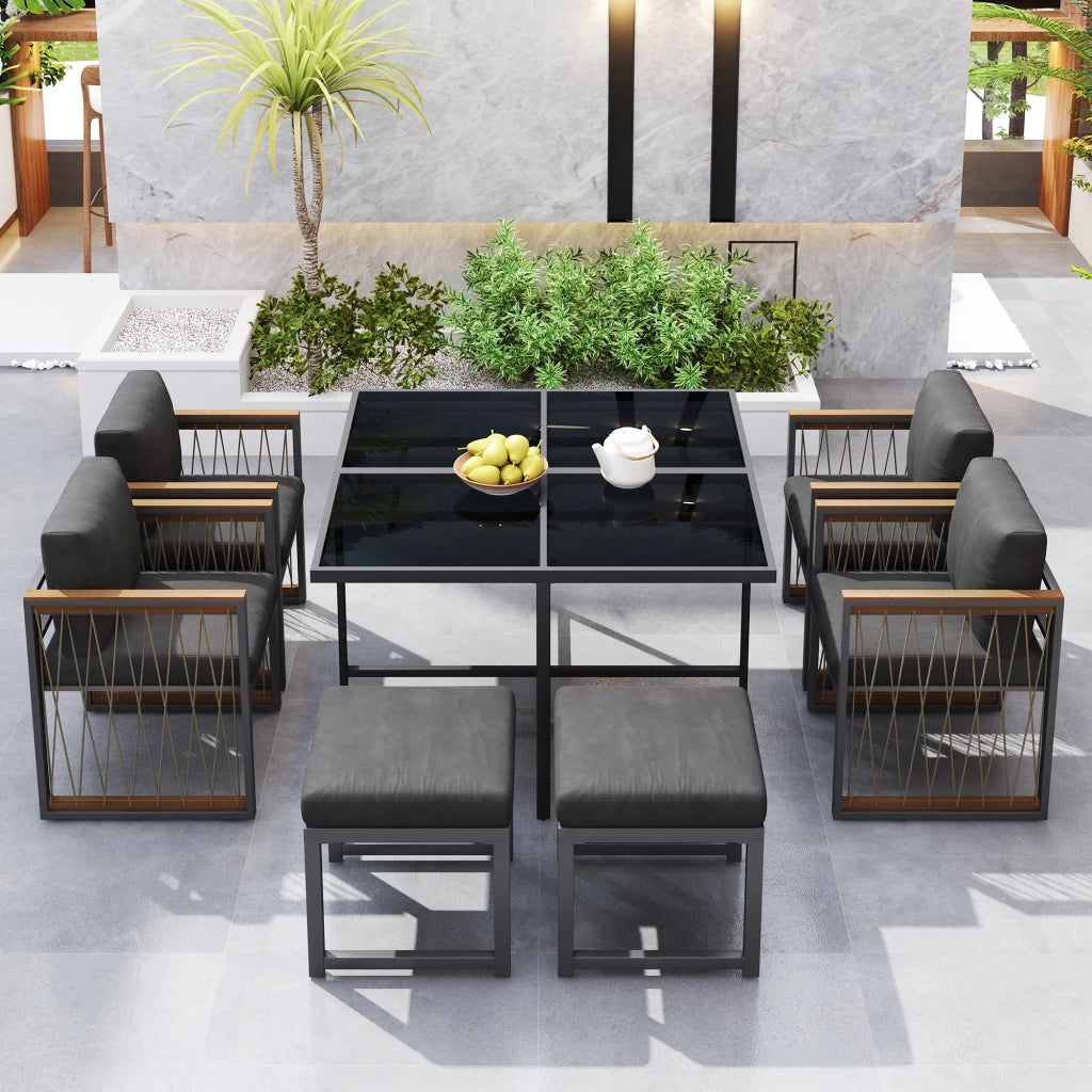 Set pranzo esterno 7 pezzi per 6 persone, tavolo in vetro temperato con braccioli in plastica e legno, ideale per giardino e terrazza