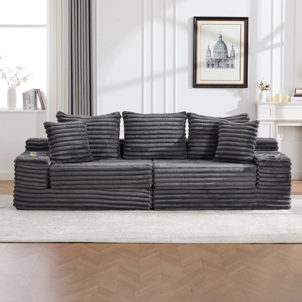 Divano letto modulare 273x98x87 cm con schienale alto; tasche e portabevande; tessuto a coste grigio scuro