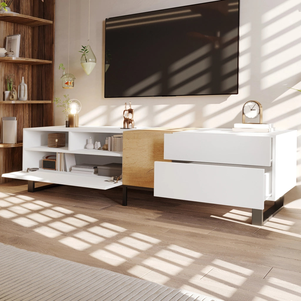 Mobile TV 2 ante e 2 cassetti con 2 vani aperti per soggiorno in MDF bianco effetto legno con piedini in metallo nero