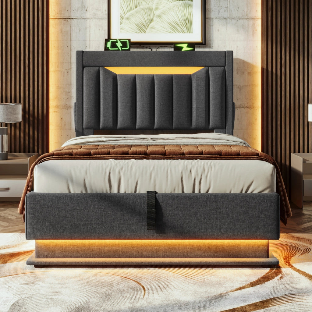 Letto singolo contenitore 90 × 200 cm in lino grigio con testiera LED USB Type-C e materasso incluso