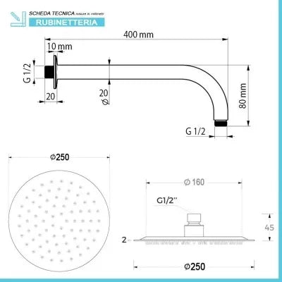 Set doccia braccio 40 cm + soffione 25 cm + miscelatore + kit doccia Eco