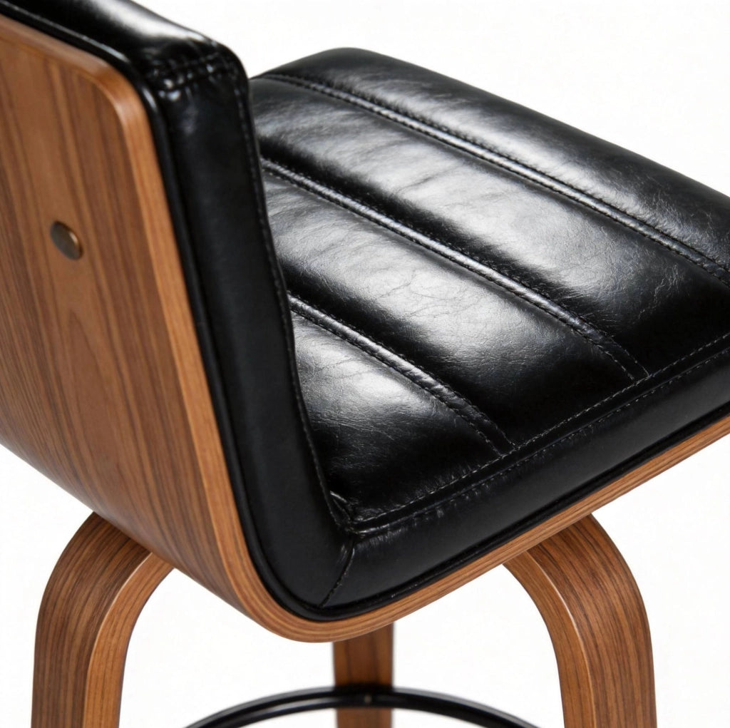 Sgabello da bar con schienale in similpelle nera e gambe in legno HOMVRA