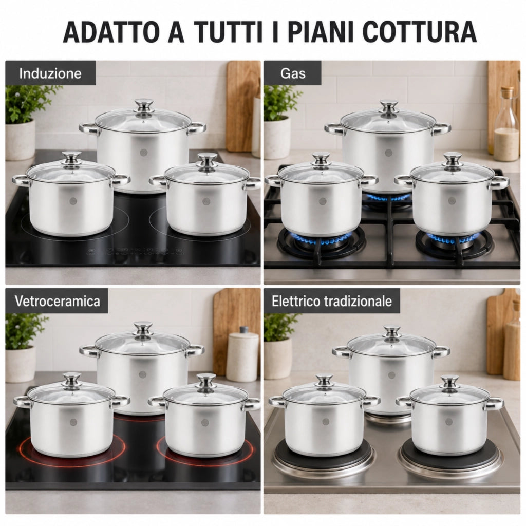 Set 6 Pezzi Casseruole con Coperchio 16 18 20 cm - Linea Divinox - Acciaio Inox 18/10 AISI 304 Triplo Fondo - Induzione e Forno - GMD Italy