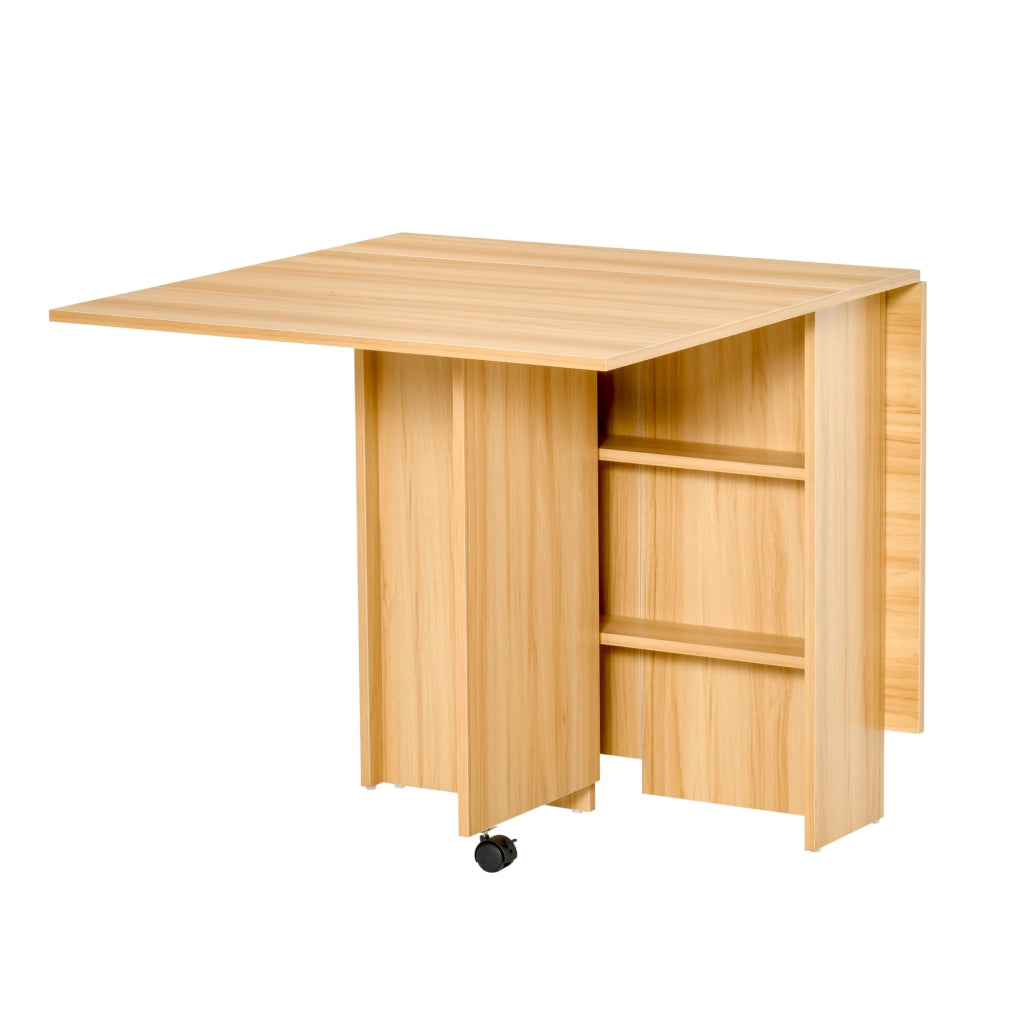 Tavolo Pieghevole con Ruote, Tavolo da Pranzo di Design, Richiudibile Salvaspazio, Design Moderno, con Ruote, Ripiani Portaoggetti, 140 ¡Á 80 ¡Á 74cm, Legno