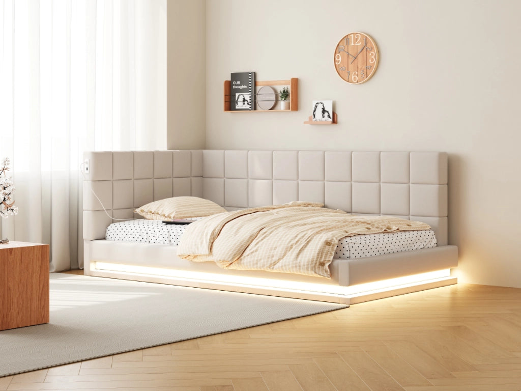 Letto singolo imbottito 90 × 200 cm con rete a doghe LED USB in lino beige