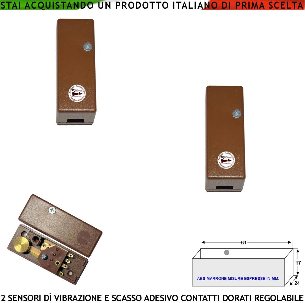 Sensore di Scasso Rileva le Vibrazioni Continue Due Pezzi Per Antifurto Via Filo Di Inferriate Porte Vetrate Martelletto Regolabile Contatto Allarme NC Tamper Contenitore Adesivo ABS Marrone IP30
