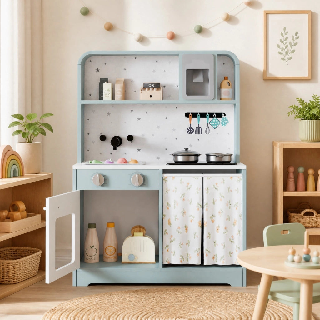 Cucina giocattolo per bambini in MDF blu con erogatore di ghiaccio e microonde; 29x60x81 cm