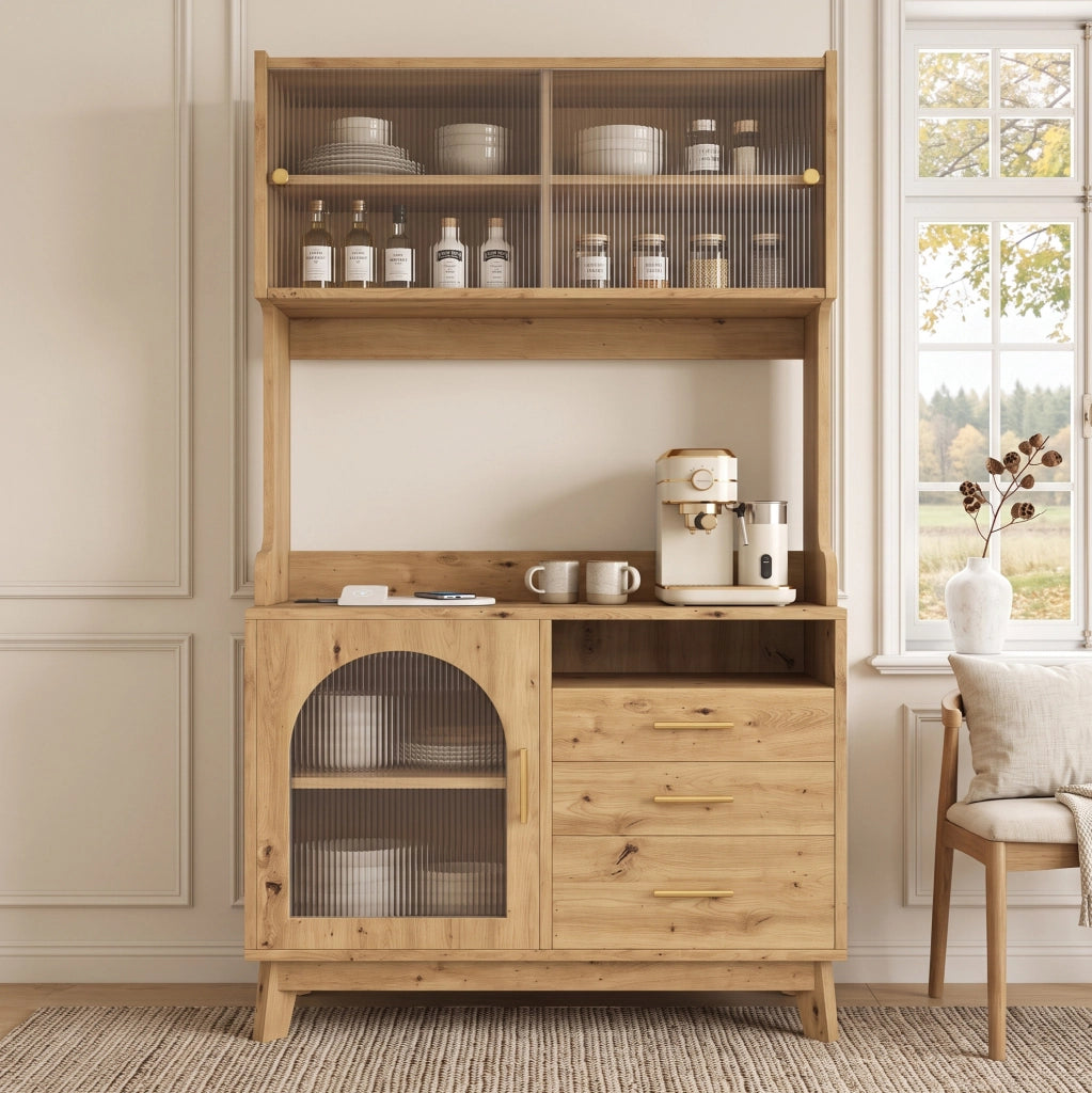 Credenza alta con frontale in acrilico e prese integrate