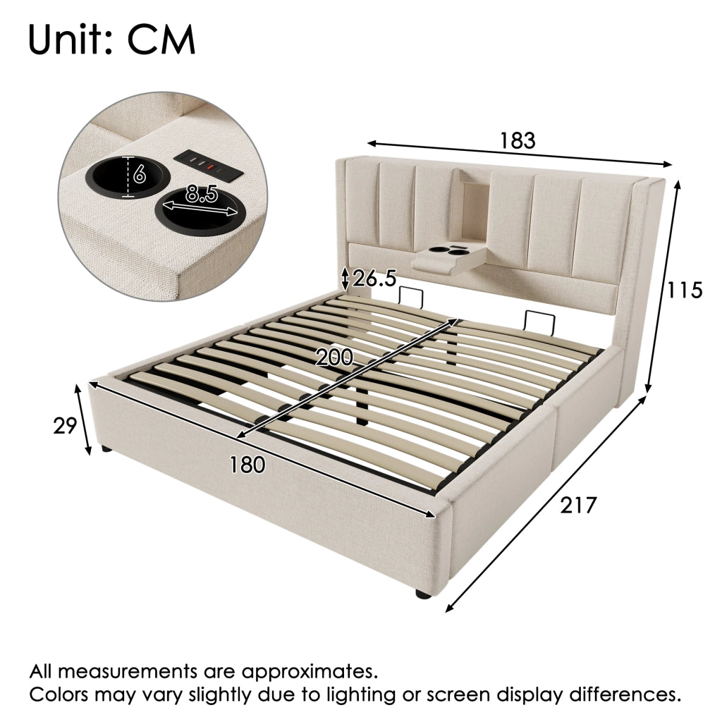 Letto imbottito di dimensioni 180x200 cm con sistema di carico idraulico e lenzuola beige