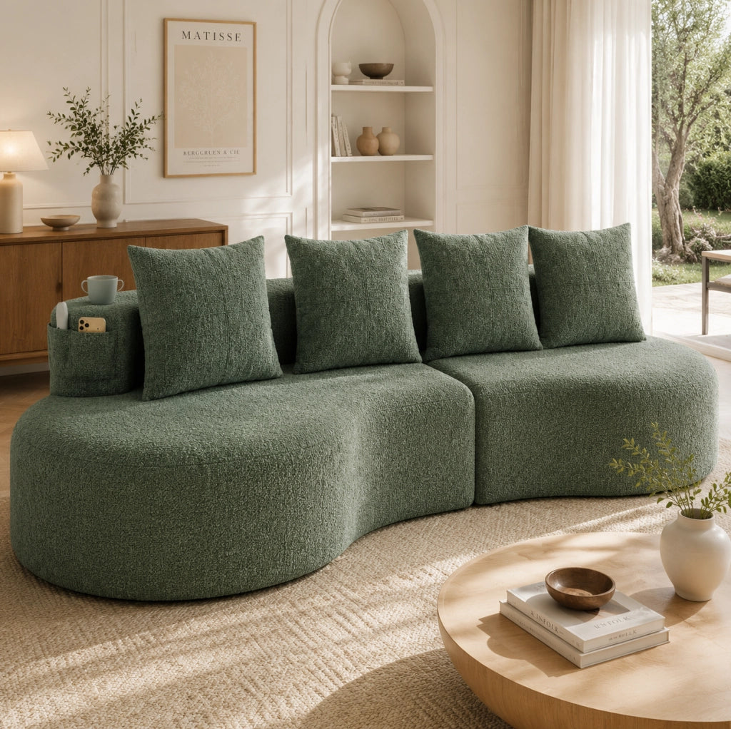 Divano 240x109x63 cm verde, portabicchieri e tasche laterali, lino, 4 cuscini