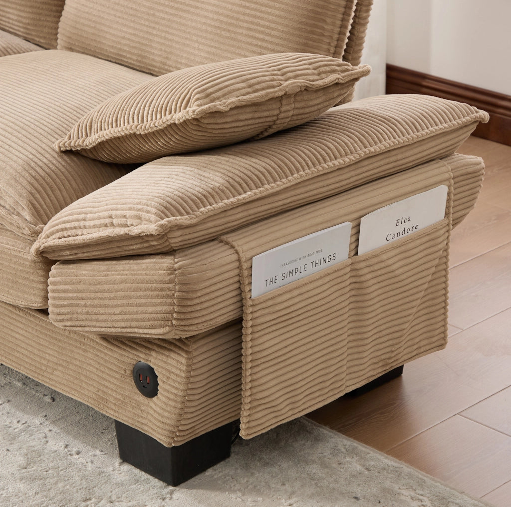 Divano 2 posti con hocker; USB-C e tasche laterali; in corduroy khaki