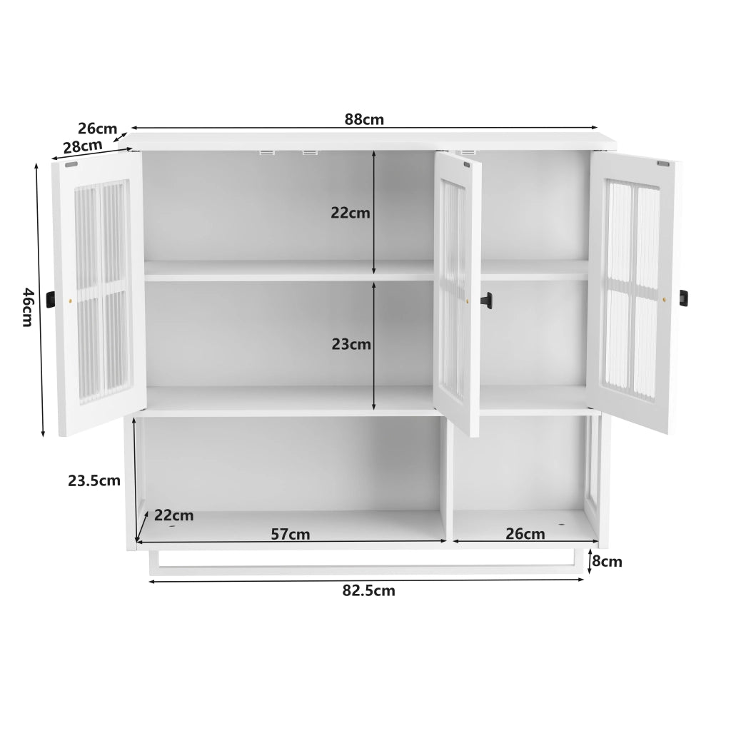 Pensile da bagno con 3 ante; 1 vano a giorno e portasciugamani; per bagno; in MDF e vetro; 88 × 26 × 82.5 cm; bianco