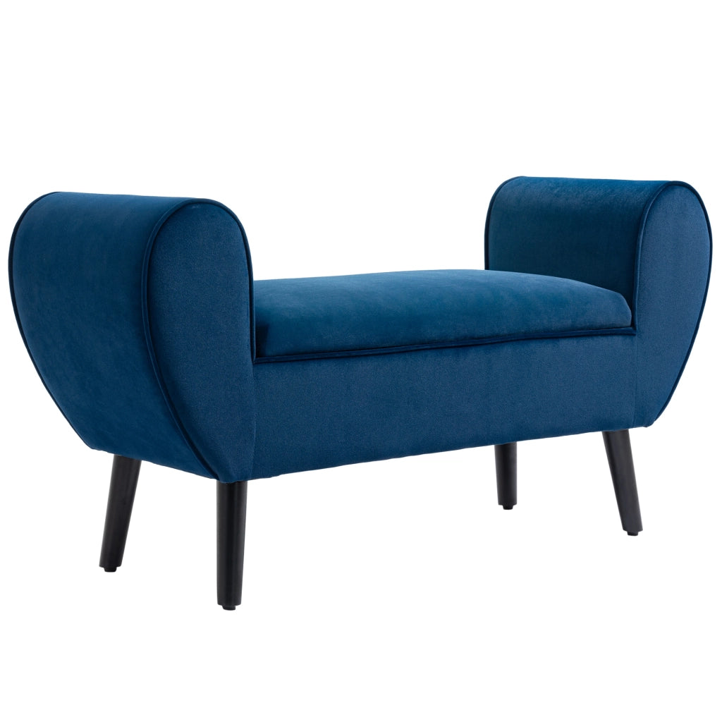 Panca Contenitore Imbottita in Tessuto Vellutato Blu con Braccioli e Gambe in Legno, 118x42x66cm, per Fondo Letto Casa