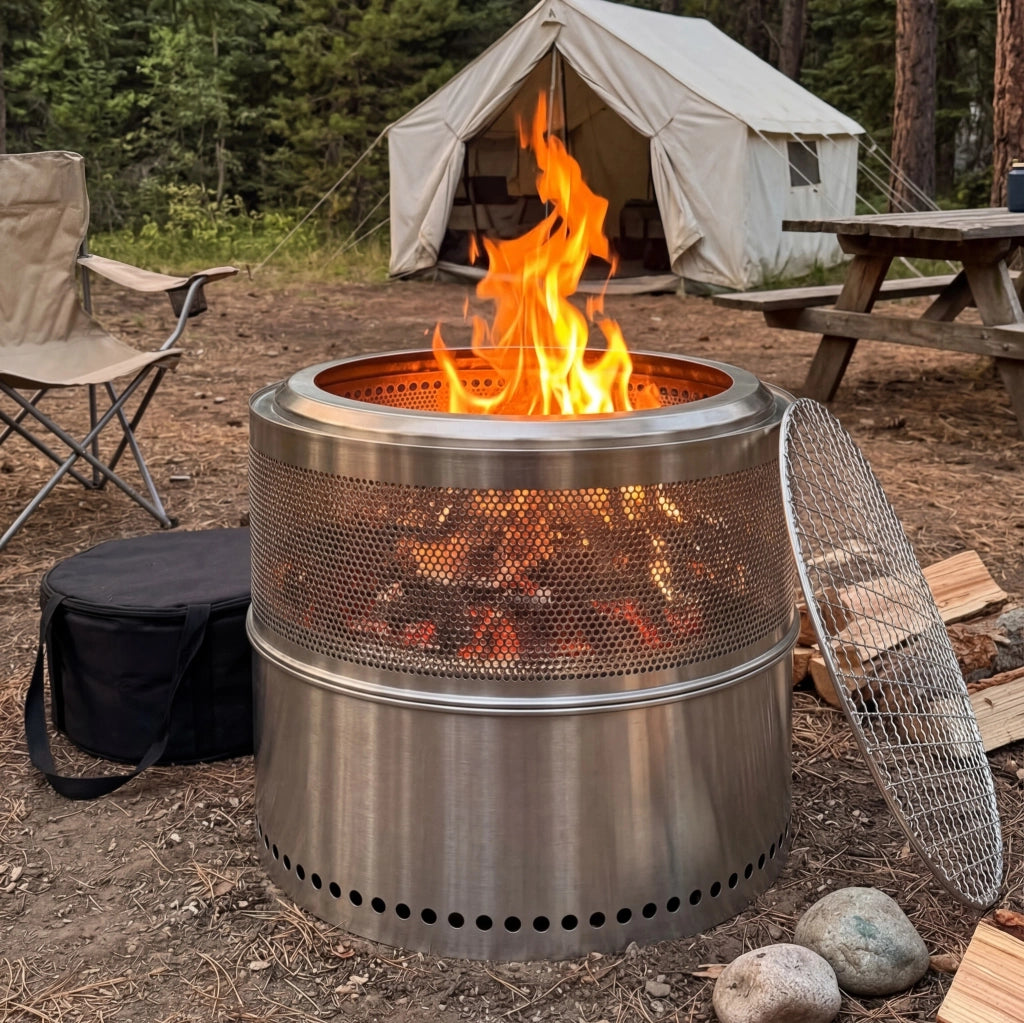 Braciere portatile in acciaio inox per esterni, senza fumo, per legna e barbecue