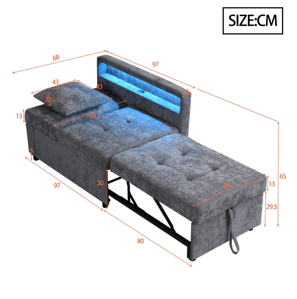 Divano letto 3 in 1 grigio chiaro con schienale regolabile, LED e ricarica