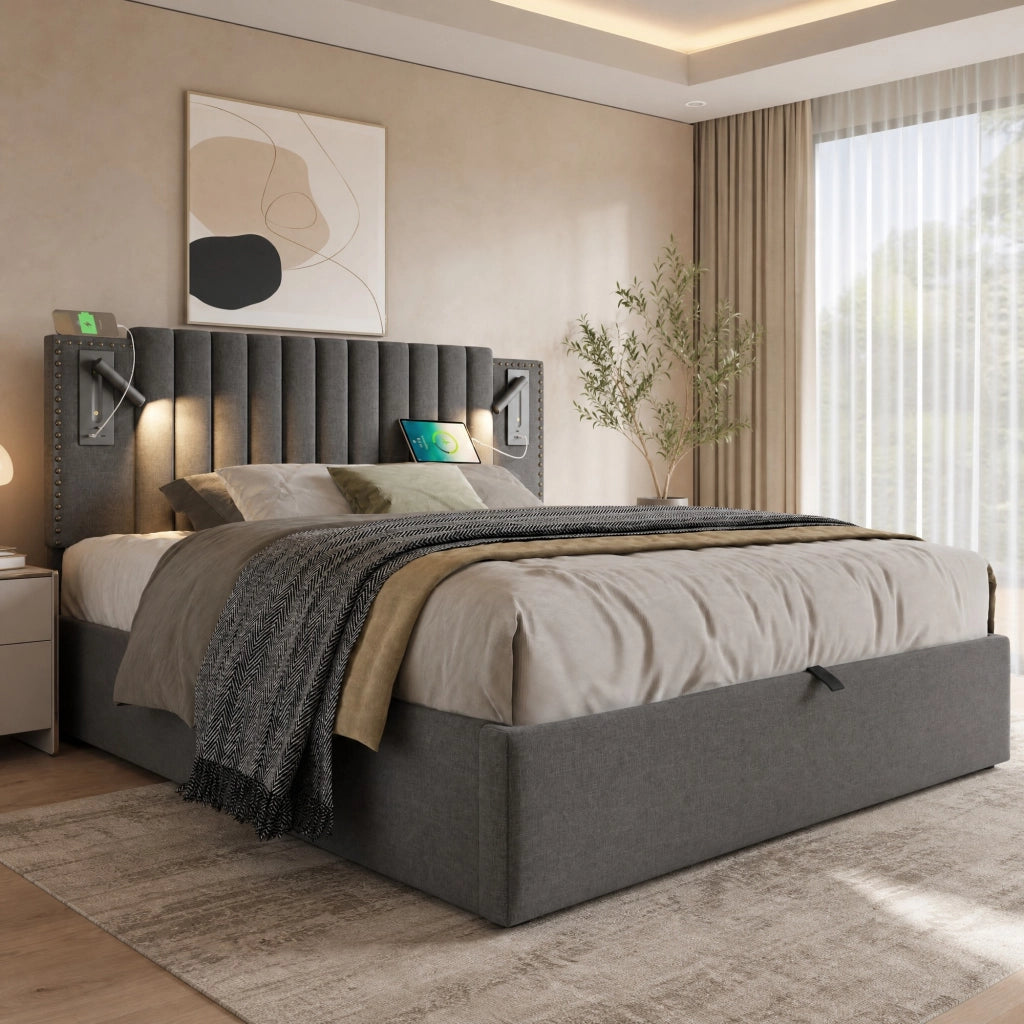 Letto contenitore 180 × 200 cm con testiera regolabile; luce da lettura e USB/USB-C; cotone grigio